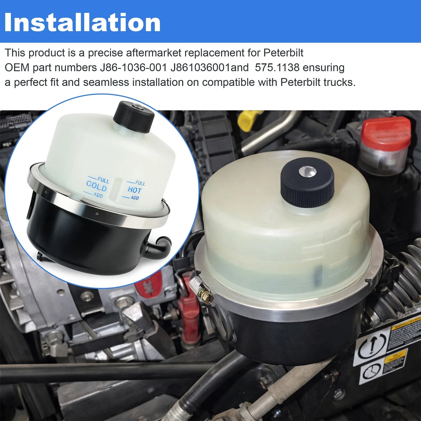 Power Steering Fluid Reservoir for Peterbilt J86-1036-001 J861036001 575.1138