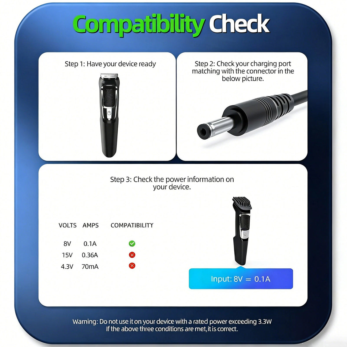 8V Charger For Philips Norelco HQ840 Multigroom Series 3000 MG3760 Hair Trimmer