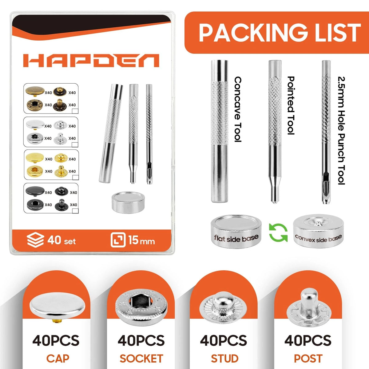Leather Snaps and Fasteners Kit，15mm 40 Sets Metal Snap Buttons 15MM, Silver