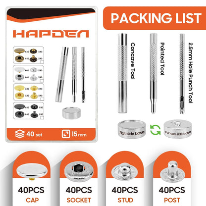 Leather Snaps and Fasteners Kit，15mm 40 Sets Metal Snap Buttons 15MM, Silver