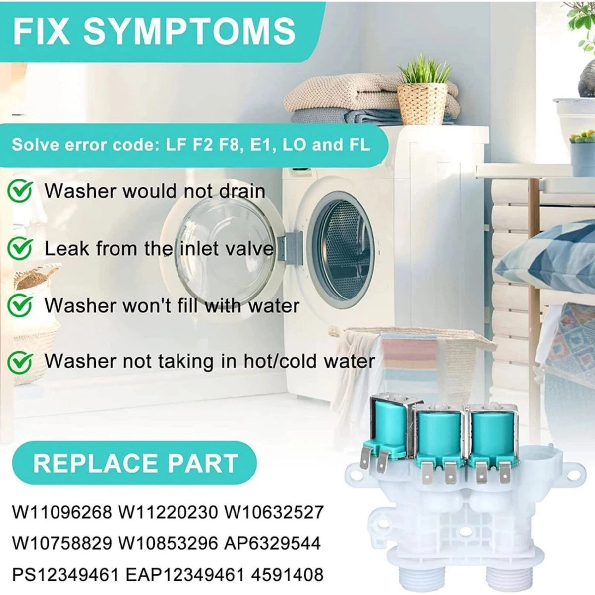 Durable W11096268 Water Inlet Valve for Whirlpool Washer Replaces W10853296