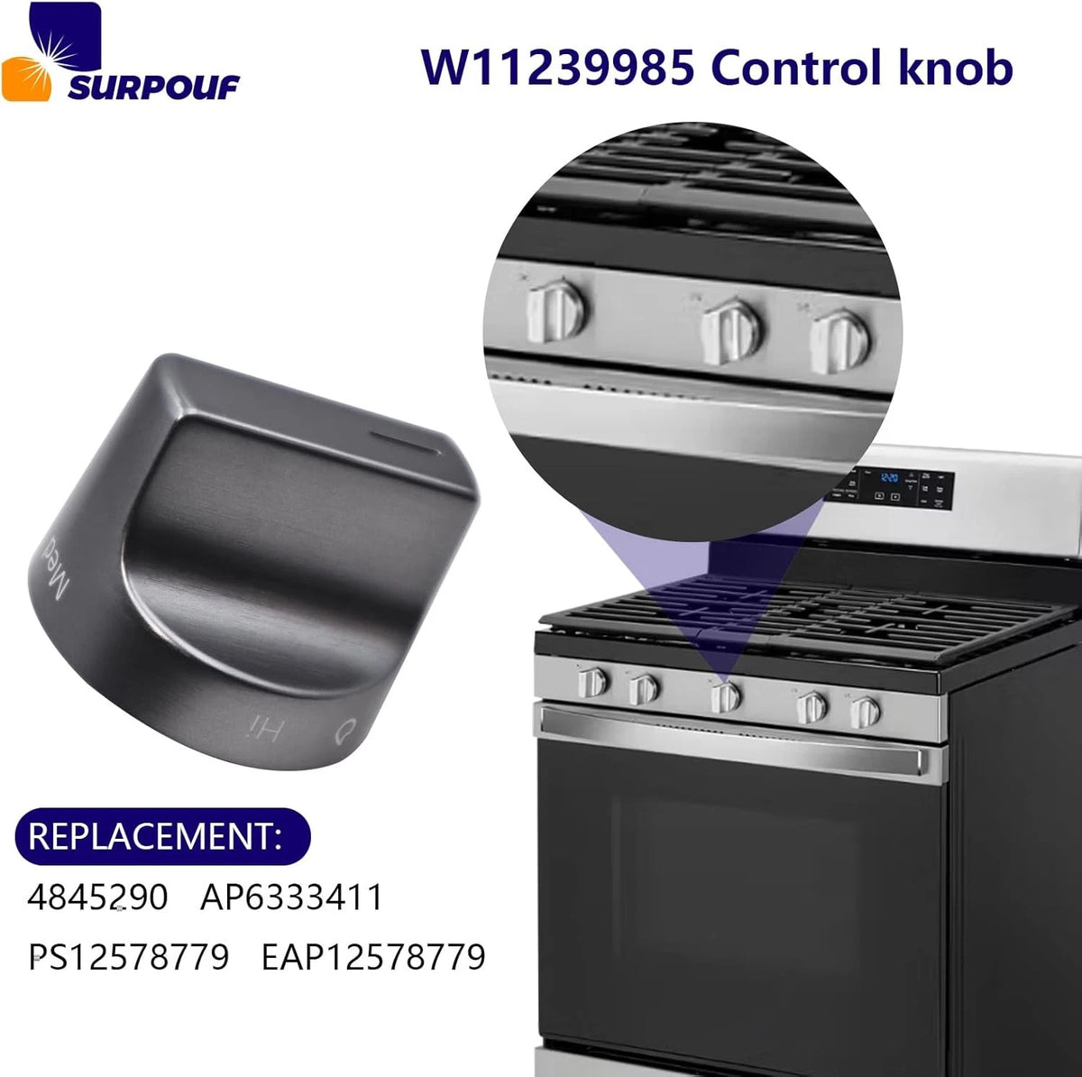 W11239985 Control Knob Compatible with Whirlpool Gas Ranges Replace Sliver