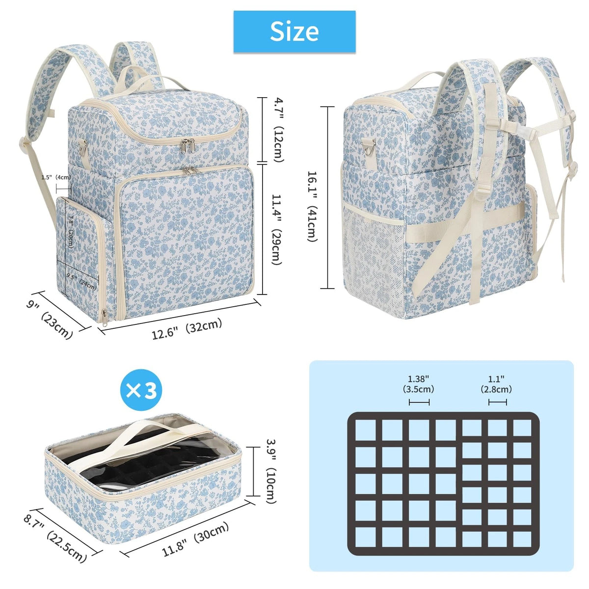Extra Large Nail Polish Organizer Backpack, Holds 124+ 124 Slots, Floral Blue