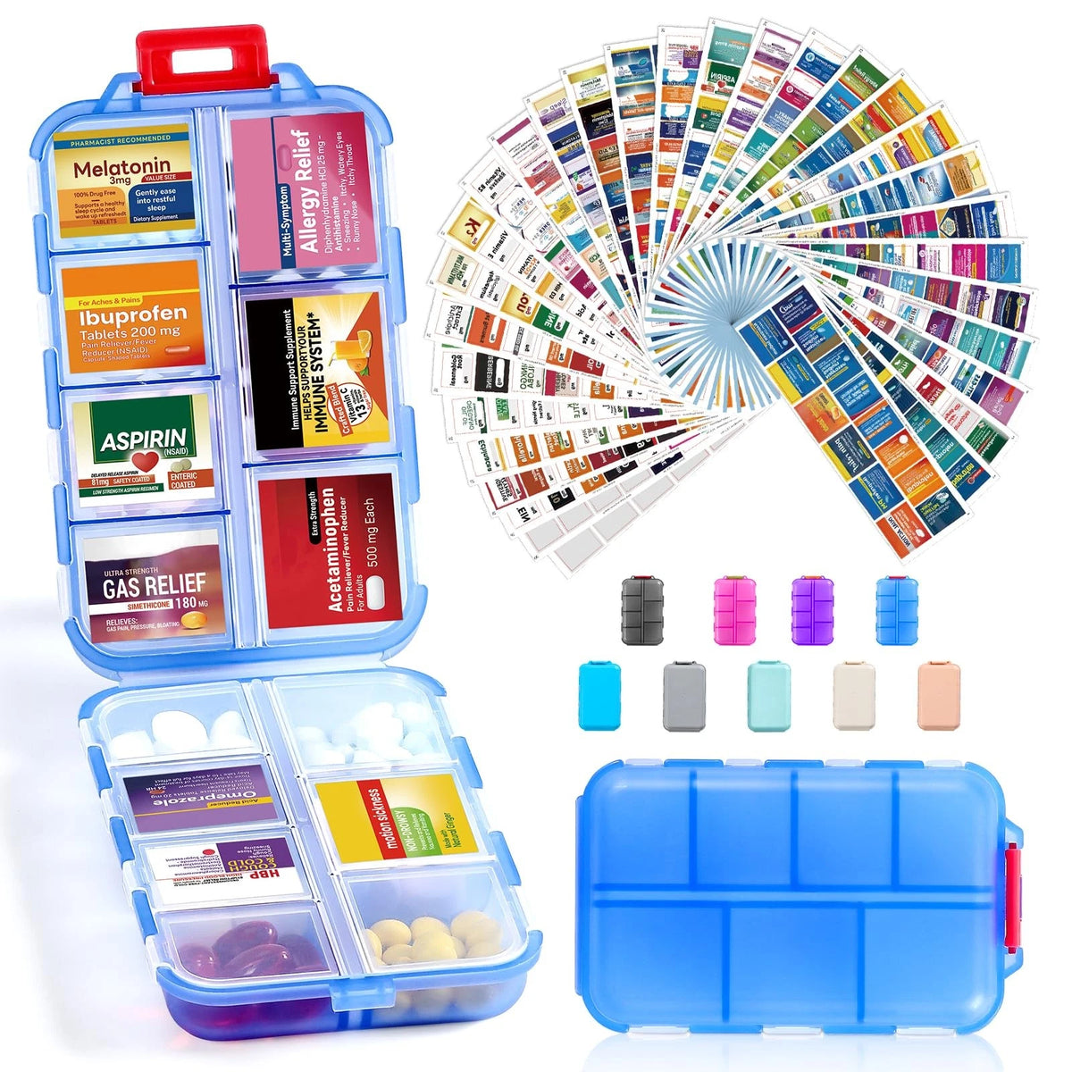 14 Grids Travel Pill Organizer Box with Bulk Med Labels, Clear-blue
