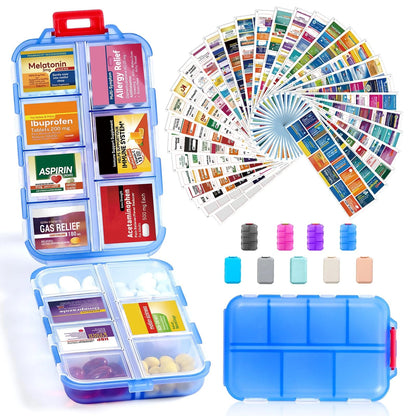 14 Grids Travel Pill Organizer Box with Bulk Med Labels, Clear-blue