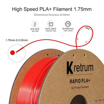 Kretrum PLA+ Rapid 3D Printer Filament for 30-500 mm/s High Speed Hyper Red