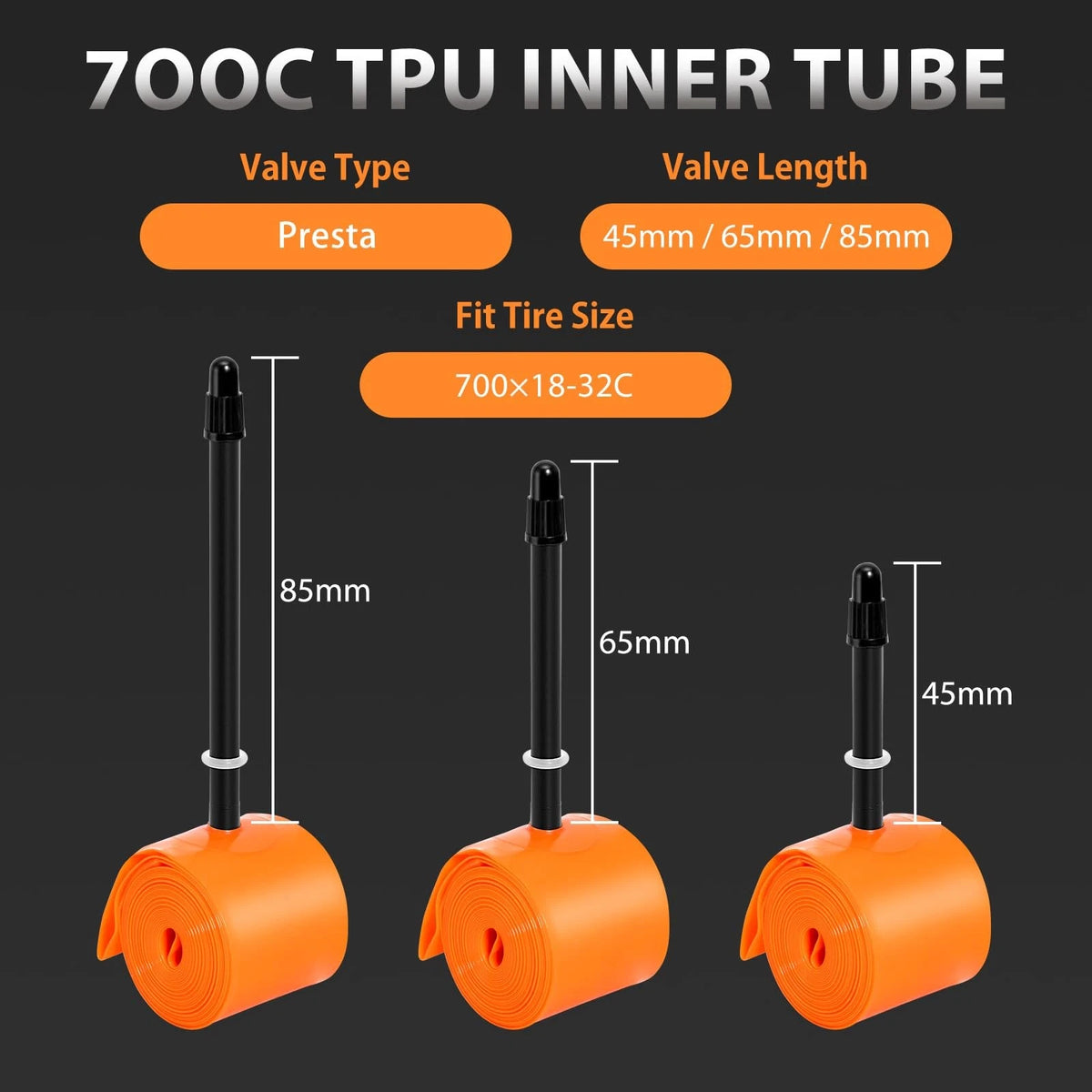 2-Pack TPU 700C×18-32C Bike Inner Tube, Ultralight (ALLRoad & 65mm, Orange