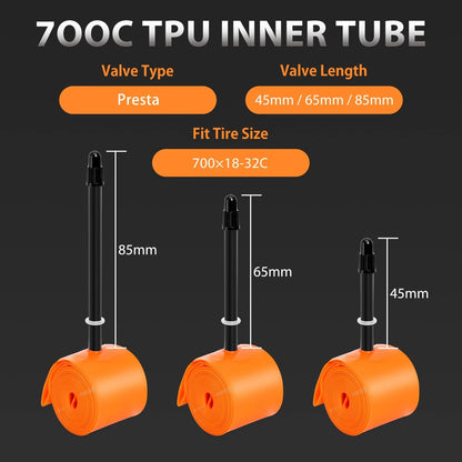 2-Pack TPU 700C×18-32C Bike Inner Tube, Ultralight (ALLRoad & 65mm, Orange