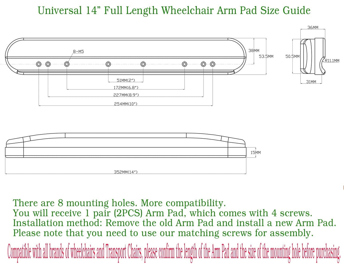 Universal 14” Full Arm Pad,Universal Duty Length (14") Wheelchair Black