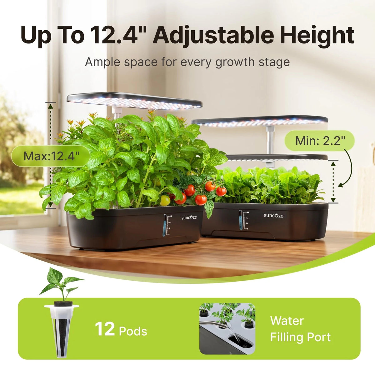 SUNCOZE Hydroponics Growing System, 12 Pods, 12.4 in Adjustable Medium, Black