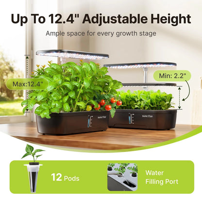 SUNCOZE Hydroponics Growing System, 12 Pods, 12.4 in Adjustable Medium, Black