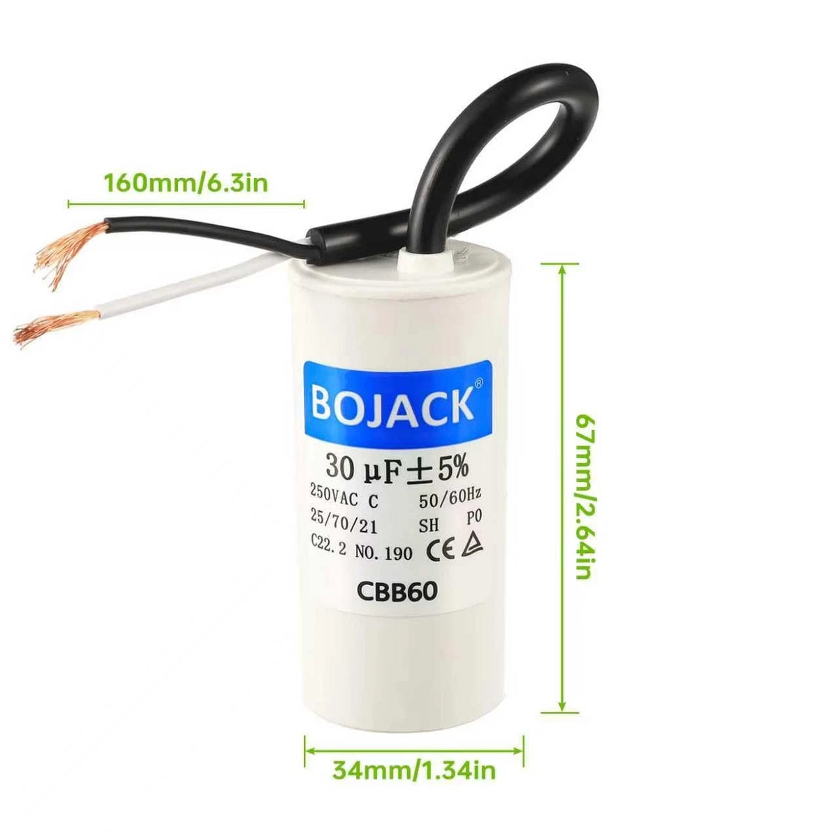 BOJACK Run Capacitor 30 uF MFD 250V AC 30 CBB60 2 Wire 50/60Hz Cylinder...