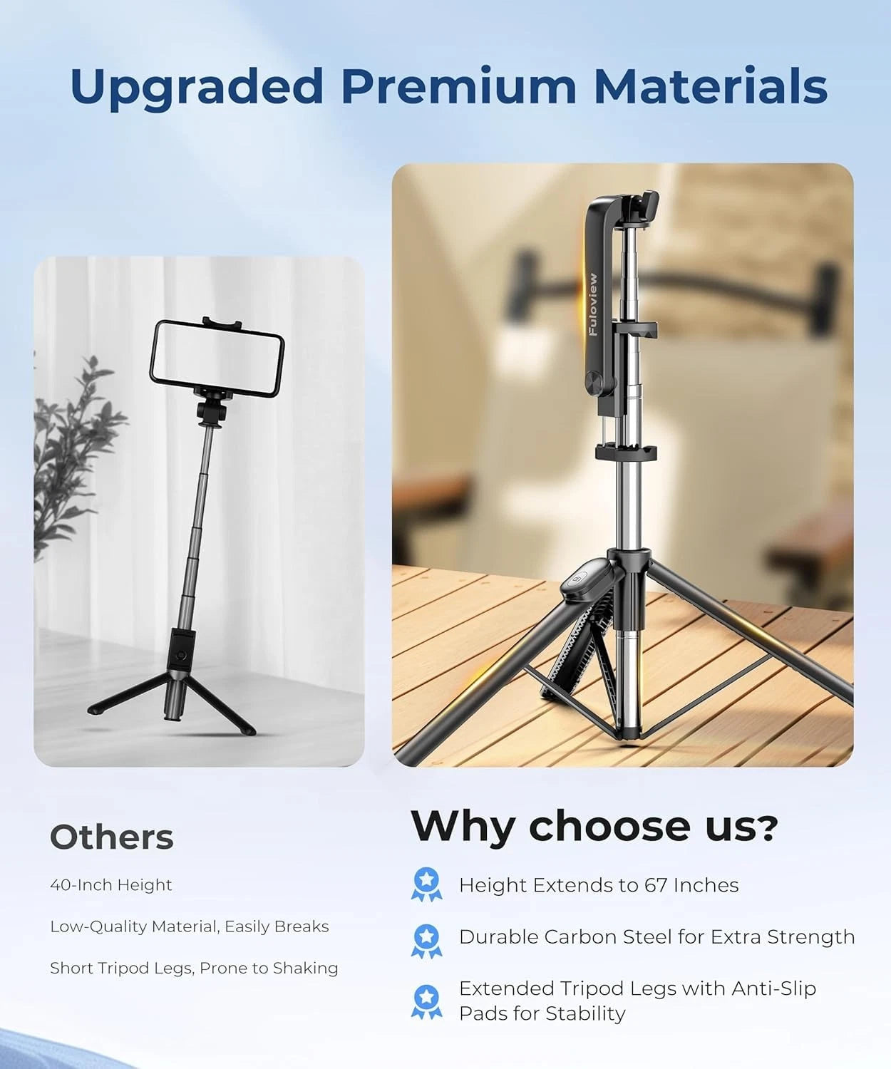 Fuloview 67” Selfie Stick Tripod for iPhone, Lightweight Travel Phone Black