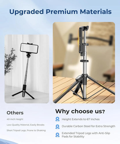 Fuloview 67” Selfie Stick Tripod for iPhone, Lightweight Travel Phone Black