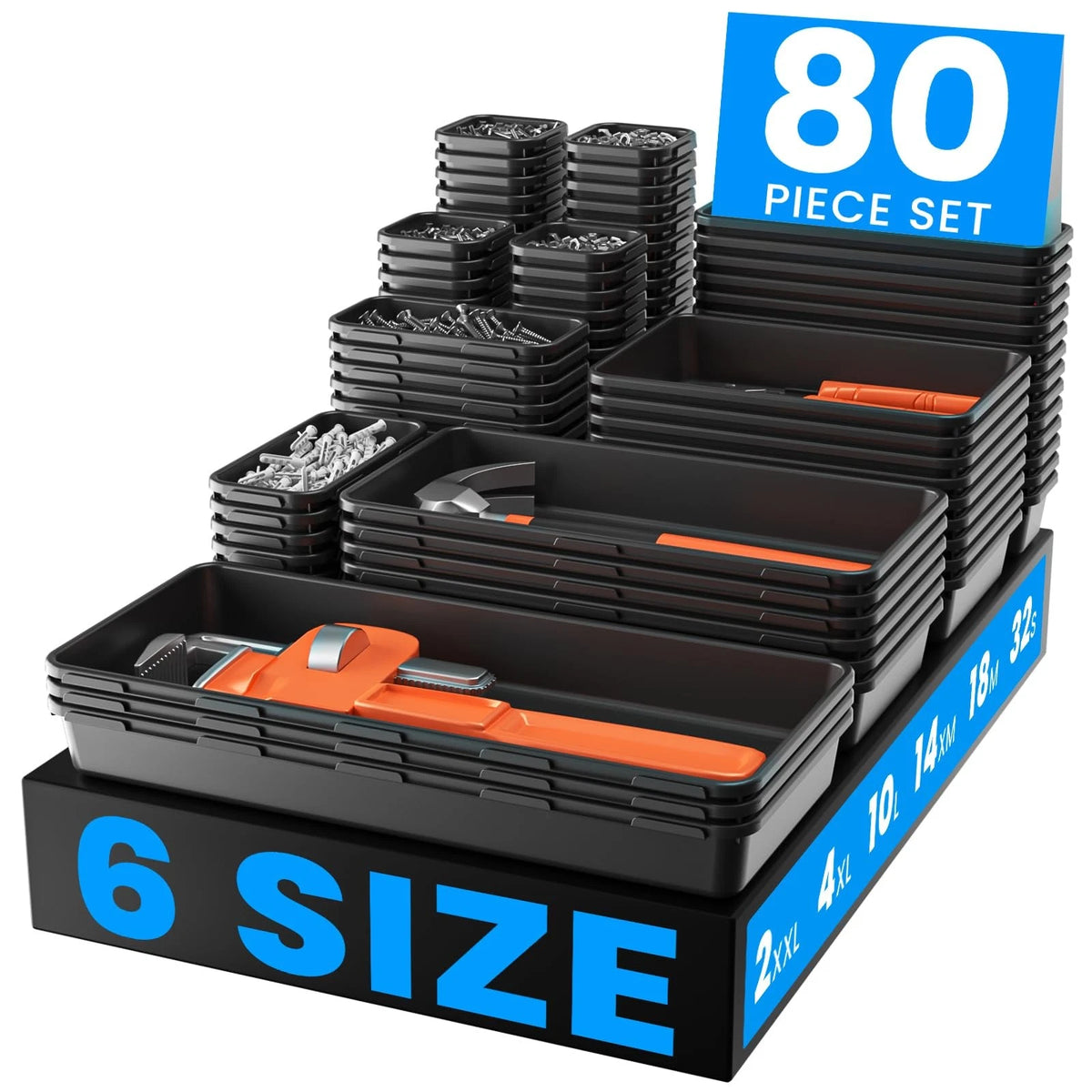 【Upgraded to 6 Size】A-LUGEI Tool Box Organizer,【Fits 100+ 6 size, 80pcs Black