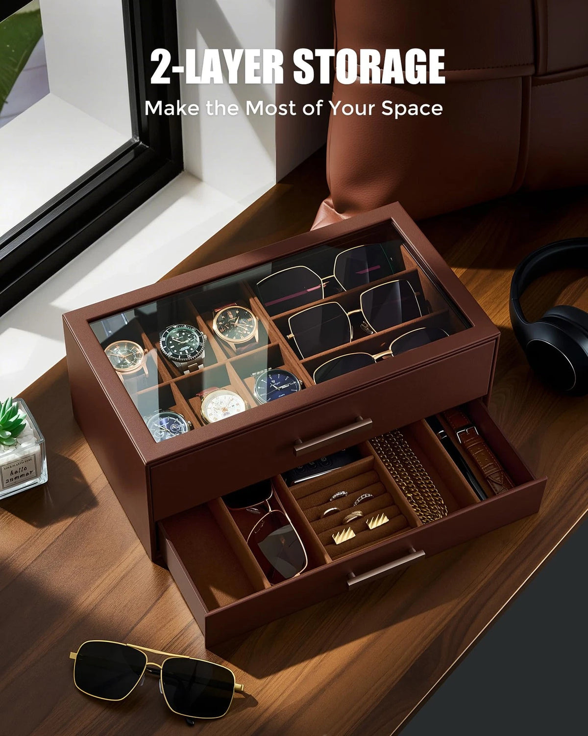ProCase Mens Jewelry Box Pull-Out Drawer, 6 Slot Watch Case & 5 Espresso