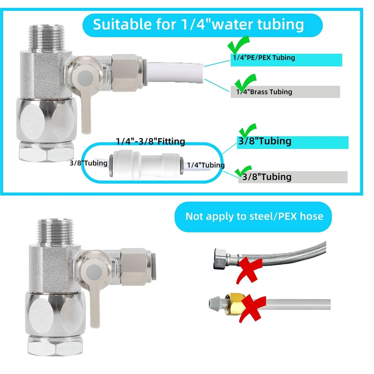 Feed Water Adapter Line Splitter,Brass Supply 3/8, White