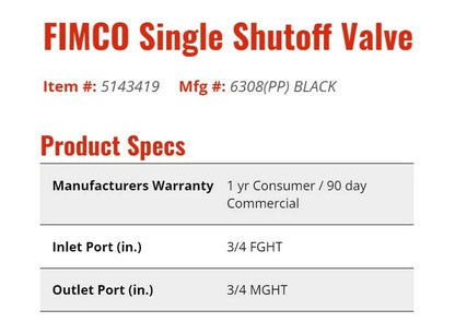 Fimco 7771873 (OEM No. 5143419) Single Shut-Off Valve for No Size, Color