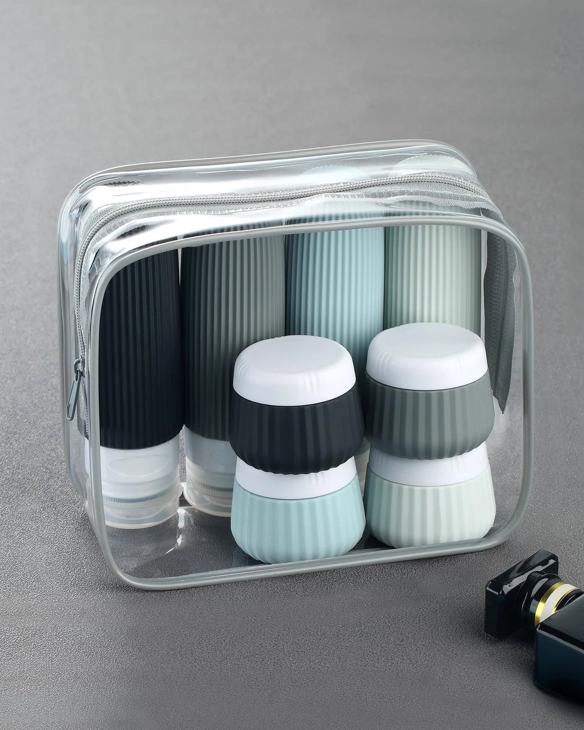 Mrsdry Travel Bottles - 8 Pack, TSA 3oz + 1oz Jars, Black Gray