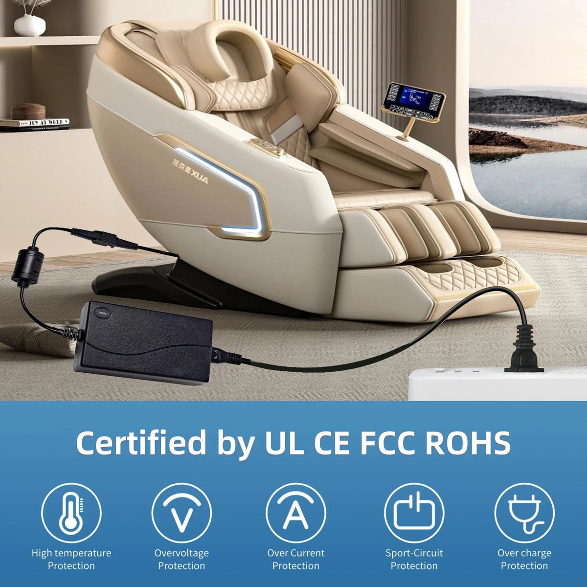 Universal Power Cord for Recliner Chair - 2-Pin 29V 2A Cord, Black