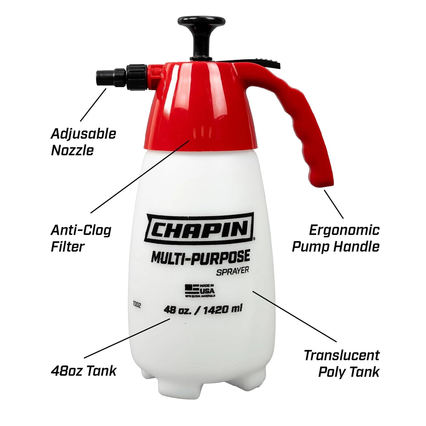 Chapin 1002 Handheld Pump Sprayer, 48oz, Multi‑Purpose, Lawn Red/white