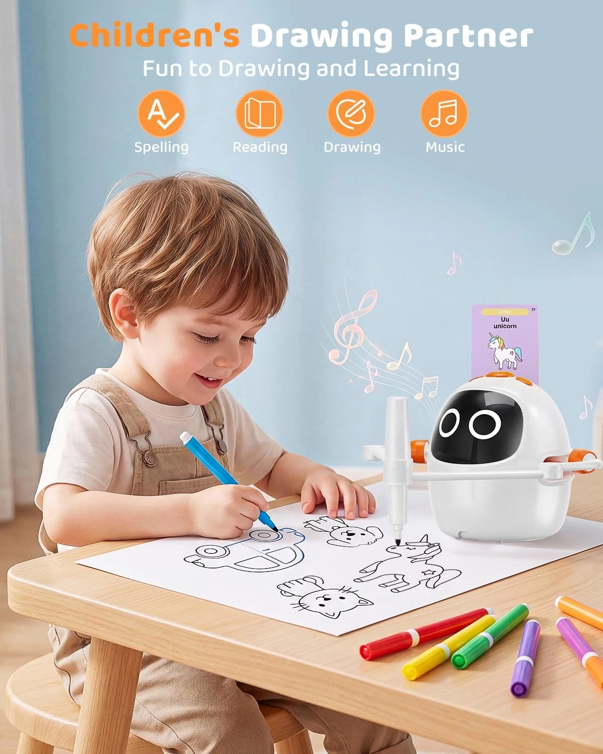 Drawing Robot for Kids Ages 3-8, Rechargeable Interactive Colorful