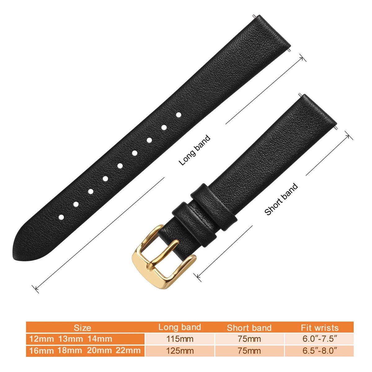 ANNEFIT Watch Bands for Men Women, Top Grain Leather 12mm, Black/Gold Buckle