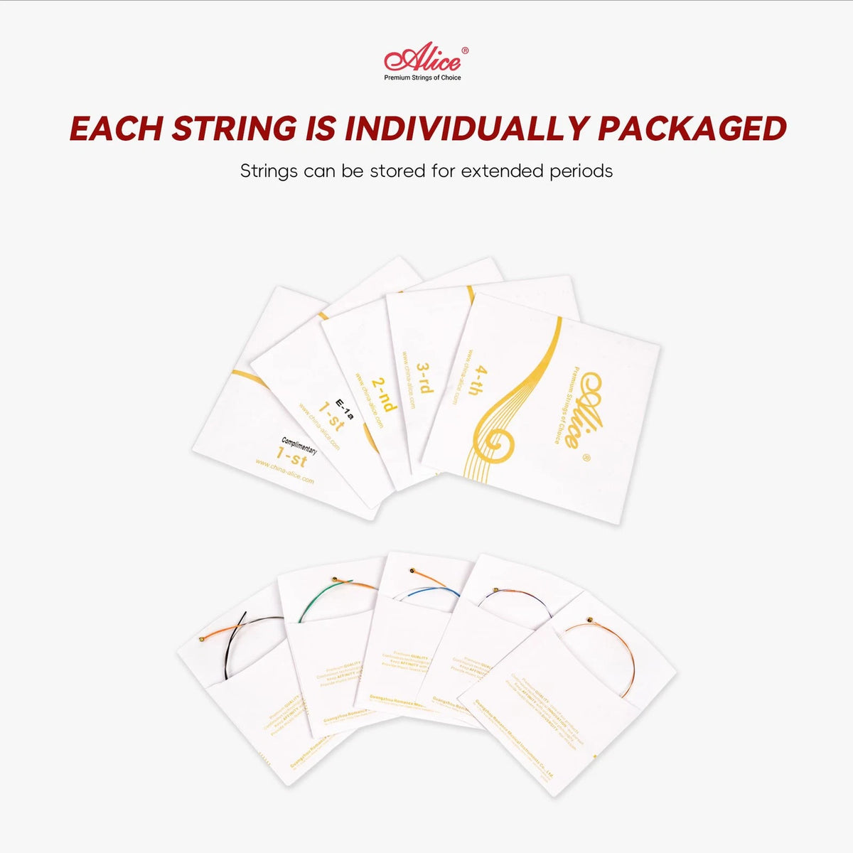 Violin Strings, Alice 4/4 Strings Full Set Nylon core, Multicolor