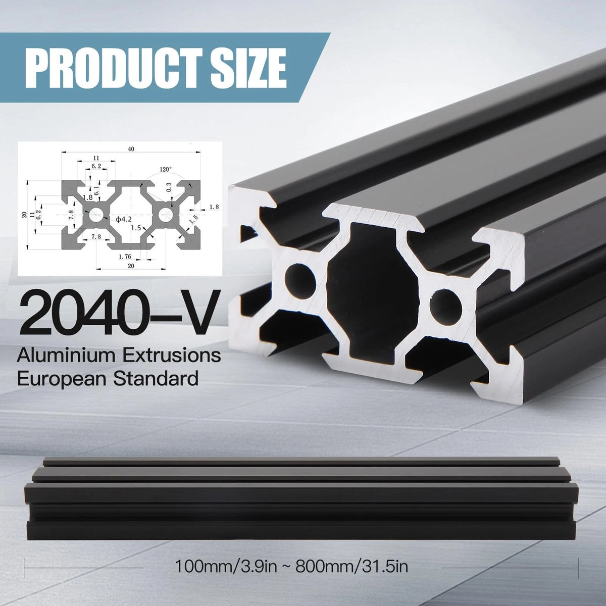 2pcs 350mm V Slot 2040 Aluminum Extrusion European Standard 350mm, Black