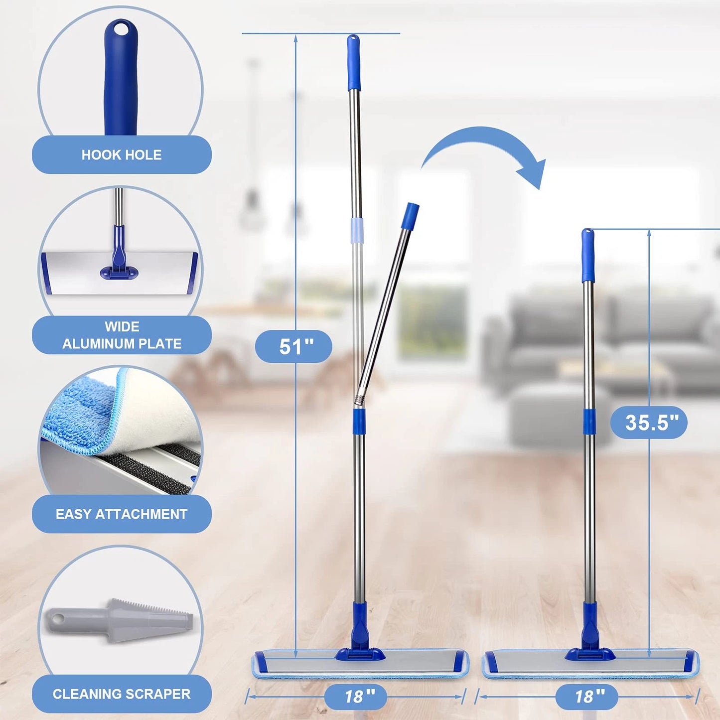 18" Professional Microfiber Mop Floor Cleaning System, Flat 18 inch, Blue