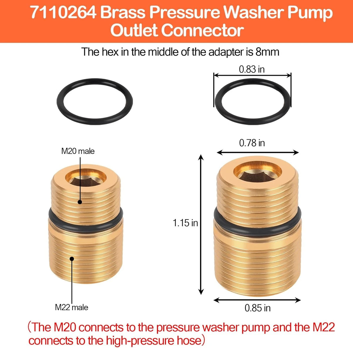 Pressure Washer Pump Outlet Fitting 7110264 -M20 to M22 Water Outlet...