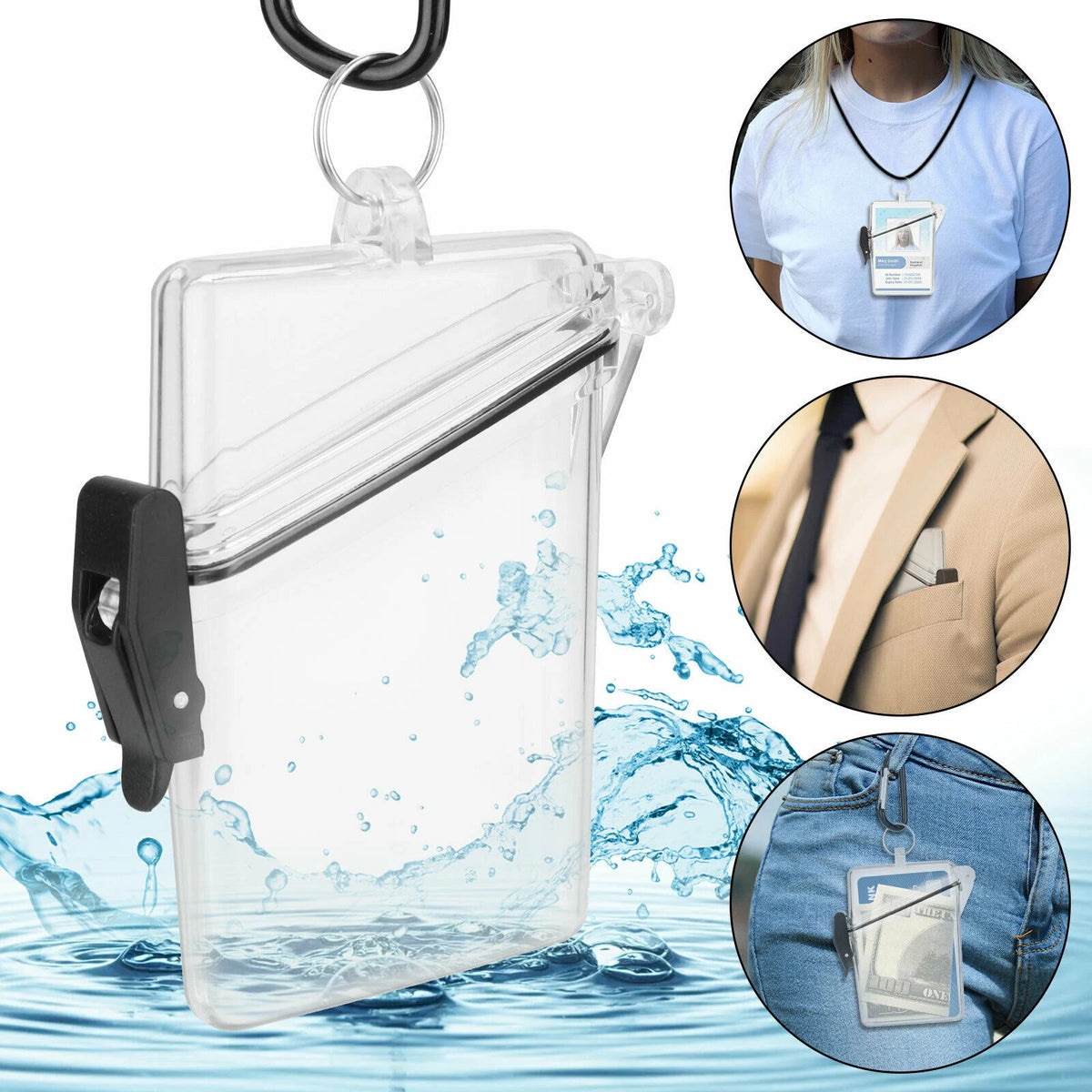 1*Waterproof ID Card Clear Holder Hard Case Plastic Protector With Lanyard