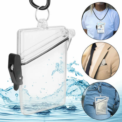 1*Waterproof ID Card Clear Holder Hard Case Plastic Protector With Lanyard