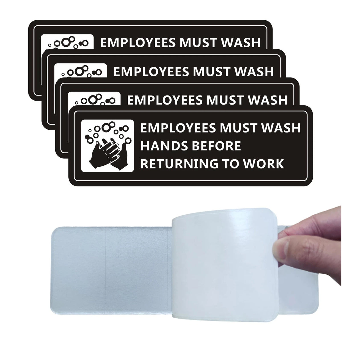 (4 Pack) Employees Must Wash Hands Sign, 7" x 2", 4 Pack (Black)