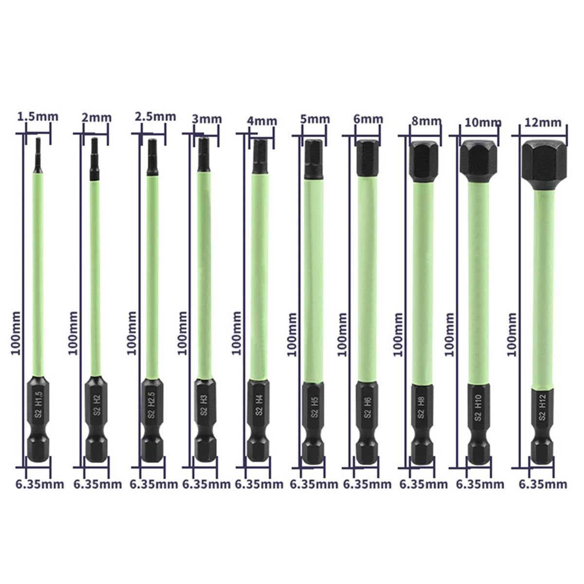 10X 1/4inch Hex Head Allen Wrench Drill Bit Set S2 Alloy Steel Magnetic Tips
