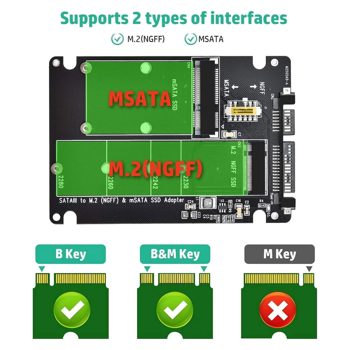 1 x Adapter Card 2 in 1 Converter Supports M.2 NGFF (B/B&M key), MSATA