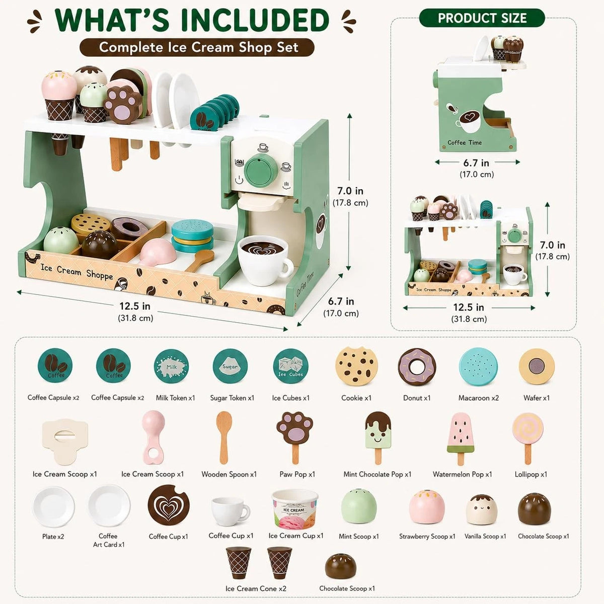 Wooden Ice Cream Shop & Kids Coffee Maker Playset - child-size, Pastel Green