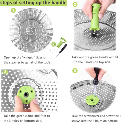 Consevisen Vegetable Steamer Basket for Cooking 5.1" to 9", Silver/Green