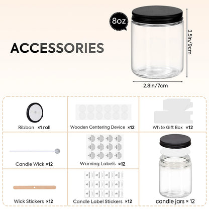 FavorFlavor Glass Jars for Candle Making: 12P 8oz 12×8oz, Black Lids-12pcs
