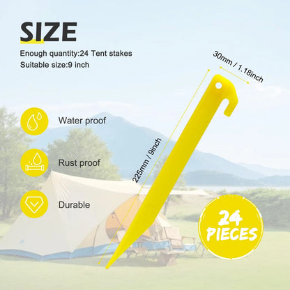 GDLPZM 24pcs 9 inches Plastic Tent Pegs Durable Spike Hook Awning Yellow