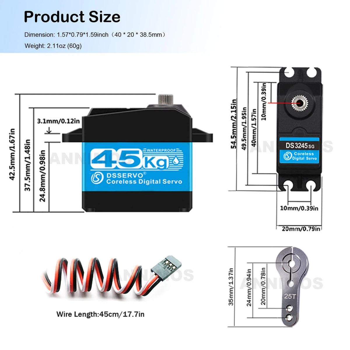 ANNIMOS 45KG High Torque Servo 8.4V Coreless RC Steering 45KG-270°