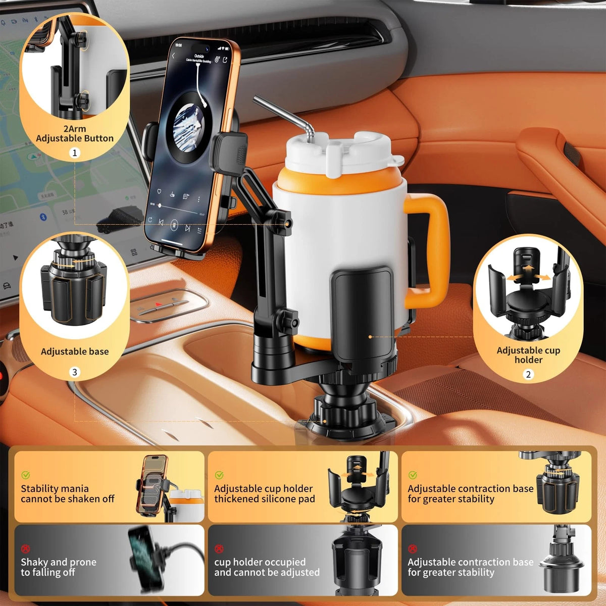 Phone Holders for Your Car, 2 in 1 Cup Holder Mount with Black