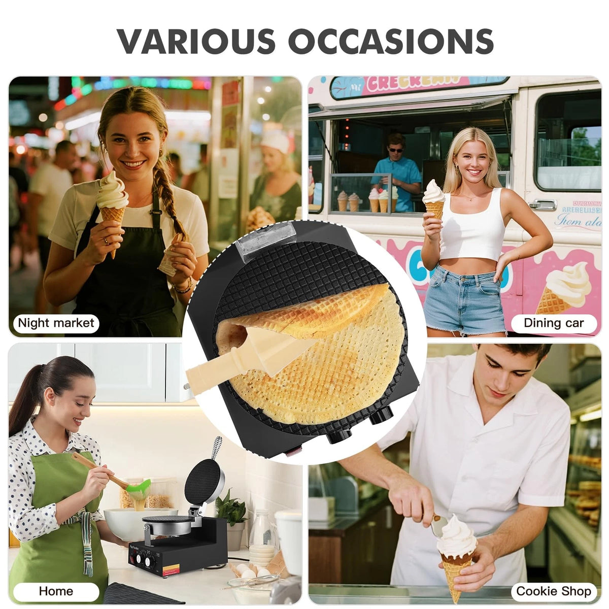 Popfoodex Commercial Waffle Cone Maker - 1200W Single Round, Black