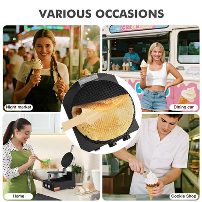 Popfoodex Commercial Waffle Cone Maker - 1200W Single Round, Black