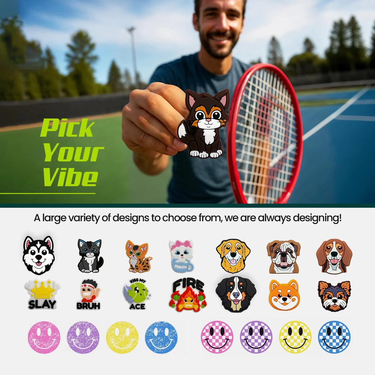 TRESSIS Tennis Racket Dampener - Cute Cat Designs - Vibration Brown and White