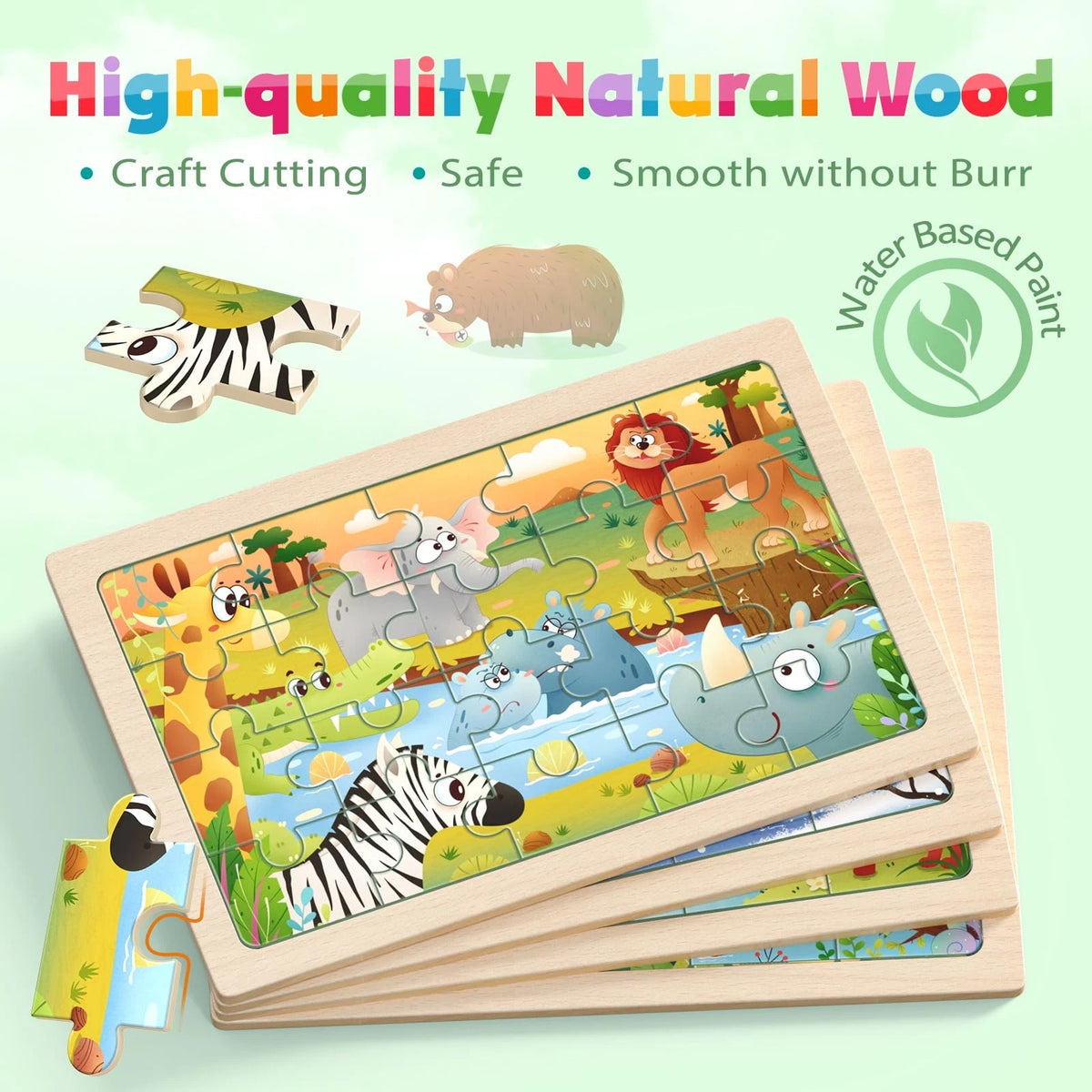 Zeoddler Wooden Puzzles for Toddlers, 4 Pack Animal Jigsaw 11.8 x 8 inches