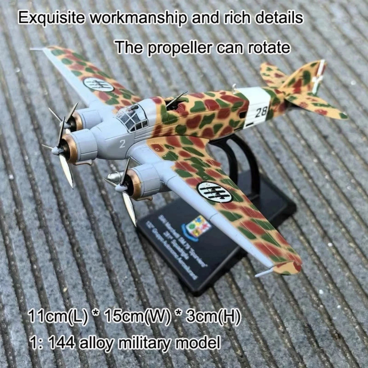 11cm Long 1/144 Scale Diecast SM.79 Sparviero Bomber Model Aircraft Toy