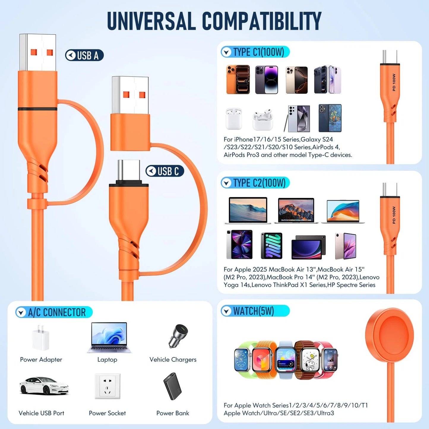 Travel Essentials 3 in 2 Multi Charging Cable 100W USB A/C to Dual Orange