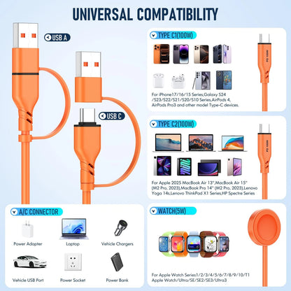 Travel Essentials 3 in 2 Multi Charging Cable 100W USB A/C to Dual Orange