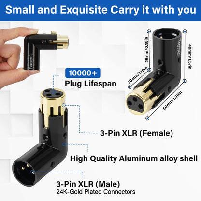 Togconn Adjustable 3-PIN Right Angle XLR Adapter 2 Pack, 90 Degree Black